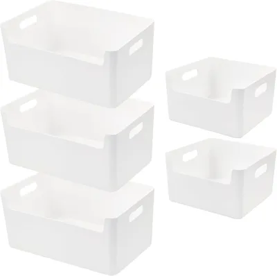 Produktbild von Aufbewahrungsboxen 30 x 21 x 15 cm, 5 Stück, Kunststoff, weiße Körbe mit Griffen, für Küche
