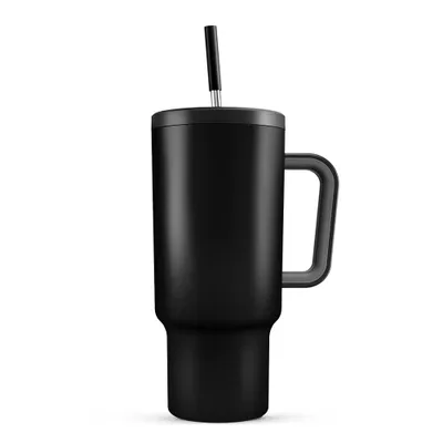 Produktbild von Fine Life Pro Thermobecher Trinkflasche mit Strohhalm 1.2L Kühlt 11 Stunden - 34 Stunden Eisgekühlt - Kaffeebecher To Go, Schwarz