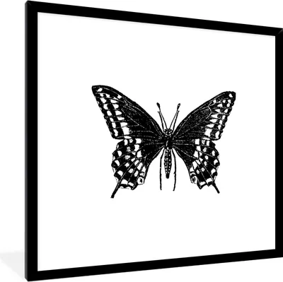 Produktbild von MuchoWow® Gerahmtes Poster Schmetterling - Tiere - Retro - Schwarz und weiß 40x40 cm - Poster mit Schwarzem Bilderrahmen Wandposter Rahmen Foto Bilder - Mit Rahmen - Wanddekoration Schlafzimmer