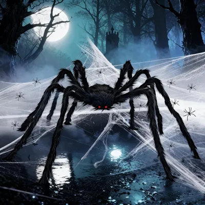 Obrázok produktu pre Halloween – pavúk: 150 cm – Veľký pavúk – Halloween + 60 g pavučiny + 10 malých pavúkov – Veľký dekorácia na Halloween