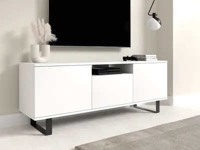 Produktbild von TV-Schrank 150 cm, Fernsehtisch, Lowboard, Mattweiß, schwarze Metallfüße, Modernes Design, "Masimo"