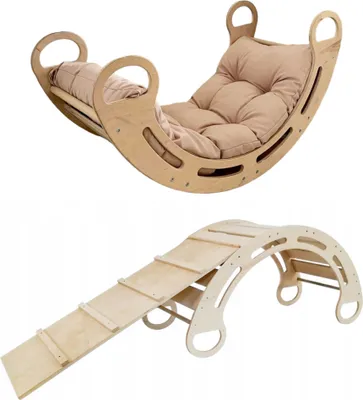 Obrázek produktu pro Montessori houpačka s polštářem (v béžové barvě) a skluzavkou, přírodní, 85 cm, 5 v 1,  7 v 1, CE