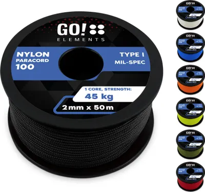 Produktbild von GO!elements 50m Paracord 2mm Seil aus reißfester Nylonschnur - Paracord 100 Typ I Survival Schnur - Reißfest bis 45kg - geeignet als Allzweckseil, Reepschnur, Kordel, Maurerschnur, Farbe: Schwarz