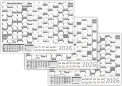 Produktbild von 3 Stück XXL Wandkalender Wandplaner 2026 grau (gerollt) DIN A0 Format (841 x 1189 mm) 14 Monate komplette Jahresvorschau Folgejahr und Ferientermine Feiertage aller Bundesländer