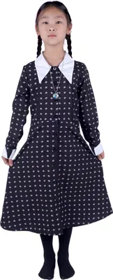 Produktbild von Wednesday Addams Kinder Kostüm | Wednesday Mädchen Kleid mit Bubikragen | Inkl. Halskette | Größe: 128