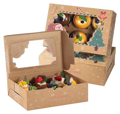 Produktbild von Cupcake-Box für Weihnachten – Für 6 Cupcakes – Mit Fenster – Aus stabilem Karton – 20 Stück – Verstellbarer Einsatz