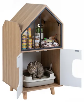 Produktbild von COSTWAY 3 in 1 Katzenhaus in Hausform, Katzenschrank, Versteckte Katzentoilette mit Ablage, Metallgitter & 2 Türen für Wohnzimmer, Flur & Schlafzimmer