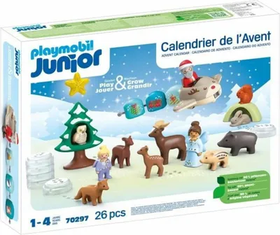 A Playmobil Junior Advent Calendar box with various figures and accessories displayed on a snowy background.