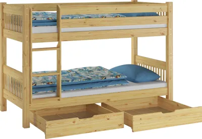 Produktbild von Kinderstockbett aus Massivholz mit wählbarem Zubehör, Liegefläche 90x200 V-60.12-09Ni70Rollrost. Matratzen und Doppelbettkasten inkl.