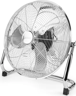 A chrome floor fan on a white background.