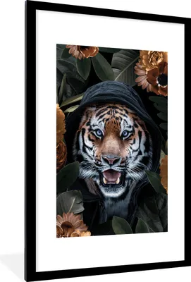 Produktbild von MuchoWow® MuchoWow® Gerahmtes Poster Tiger - Blumen - Orange 60x90 cm - Poster mit zchwarzem Bilderrahmen - Dekoration - Wandposter Wohnzimmer - Hochwertig