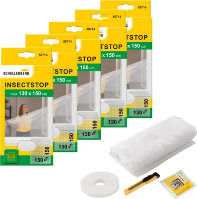Produktbild von Schellenberg 5er Pack 50714 Fliegengitter für Fenster, Insektenschutz ohne bohren, zuverlässiger Schutz gegen Mücken, Fliegen und Insekten mit Befestigungsband, 130 x 150 cm, weiß