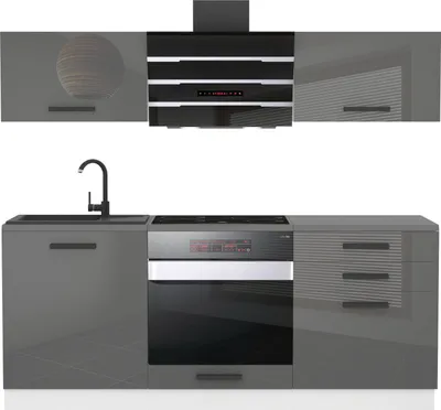 Produktbild von Belini Küchenzeile Küchenblock Sophia - Küchenmöbel 180 cm Einbauküche Vollausstattung ohne Elektrogeräten mit Hängeschränke und Unterschränke, ohne Arbeitsplatten, Silber Hochglanz