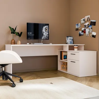 Produktbild von Forte TEZAUR Schreibtisch 200, moderner Schreibtisch in L-Form mit integriertem Schrank, Büro, Jugendzimmer, Holzwerkstoff, Kaschmir Beige, 200 cm breit x 75,7 cm hoch x 121,8 cm tief