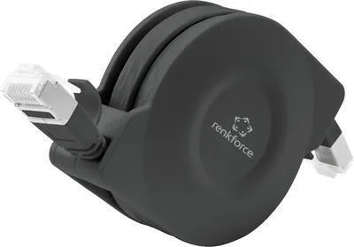 Image de Renkforce RF-4476386 Câble réseau RJ45, câble patch CAT 6a U/FTP 1.50 m noir Modèle plat, enrouleur inclus 1 pc