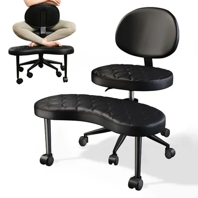 Obrázek produktu pro Otočná židle, kancelářská židle s křížovou základnou, ergonomická židle s opěrkou pro kolena, otočná o 360°, černá,Polyuretankůže s kostkovaným vzorem