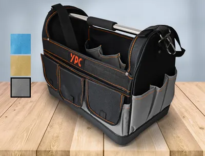 Produktbild von YPC Pioneer Werkzeugkorb XXL – Profi tragbare Werkzeugtasche mit stabilem Boden, Wasserdicht, Reißfest, Faltbar, Schultergurt mit Polster & Metall-Handgriff, Grau-Schwarz, 45x35x23cm – 20 kg Tragkraft