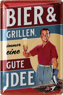 Produktbild von Retro Blechschilder Grillen - Bier und GRILLEN immer eine gute Idee, BBQ Grill Retro Deko, Grillplatz Schild Garten, Papas Grillecke Schild