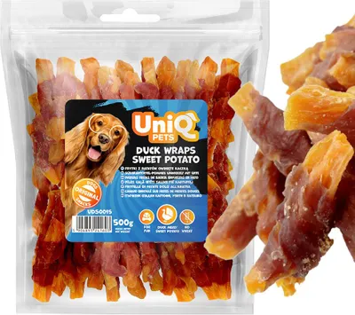 Produktbild von Süßkartoffelpommes in Entenbrust gewickelt UniQ Pets 500g Hundeleckerli