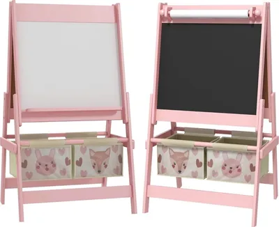 Produktbild von Fortuna Lai 3-in-1 Kinder Staffelei mit Papierrolle, Kreidetafel, Whiteboard, Aufbewahrungskörbe, 54 x 46,5 x 93 cm, rosa