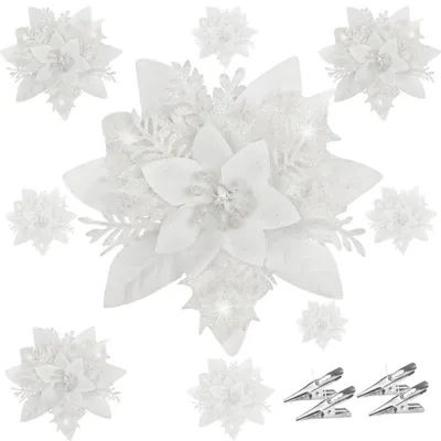 Immagine prodotto di 20 fiori artificiali a forma di stella di Natale, con glitter e clip, colore bianco, altezza 14 cm