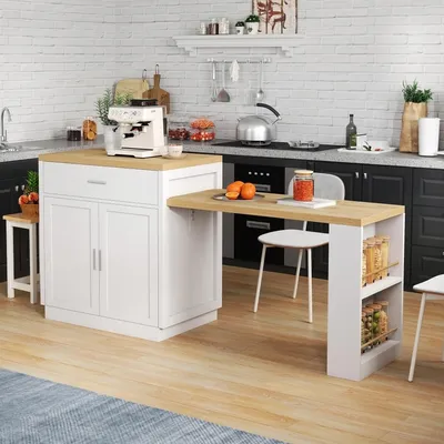 Obrázek produktu pro Kuchyňský ostrůvek Merax s výsuvným jídelním stolem, komoda s kuchyňskou linkou, zásuvka, úložná skříň, 2 zásuvky, 2 otevřené police po stranách, bílá barva