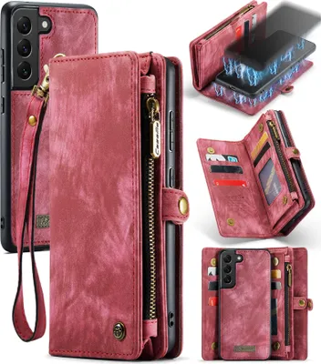 Produktbild von Schutzhülle für Samsung Galaxy S22 5G, Vintage Multifunktions Lederhülle, Kartenfächer, Reißverschluss Hülle Rot