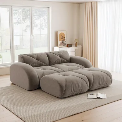 Image de Canapé modulable deux places en chenille avec 2 poufs, sans structure, mousse 32D, 204 x 171 x 76 cm, taupe