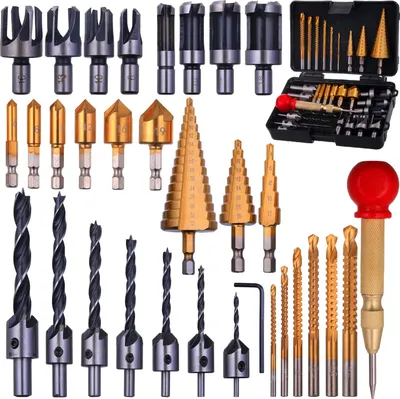 Produktbild von 26er-Pack Holzbearbeitungs-Fasebohrwerkzeuge, einschließlich Senkbohrer, L-Schlüssel, Holzdübelschneider, Stufenbohrer, Körner, Schneidspiralbohrer