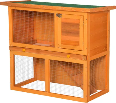 Image de Cage pour petits animaux pliable, cage à lapins à 2 étages, en bois massif de sapin, jaune et vert | 12 kg | Toit en bitume résistant aux intempéries | 90 x 45 x 80 cm