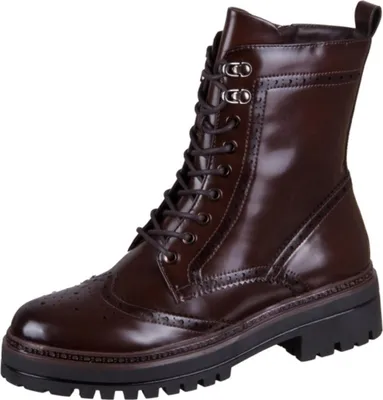 A single brown lace-up boot is shown against a white background.
