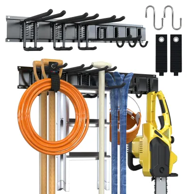 Produktbild von Garagenstütze, 80 cm, verstellbar, 7 Wandhaken Garage und 2 S-Haken für Gartengeräte, Werkzeughalter Wand Gartengerätehalter für Keller Skiausrüstung Besen Stühl Rechen Schaufel Schwarz