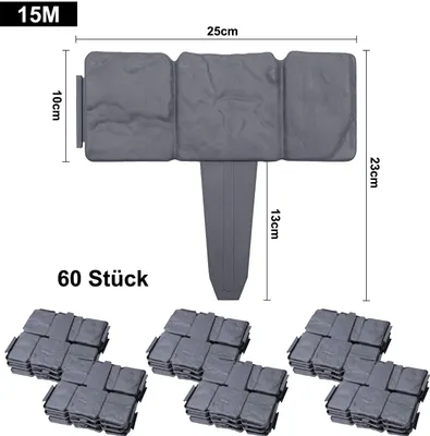 Obrázek produktu pro Obruba trávníku plastová ve vzhledu kamene 15m obruba záhonu sekací obruba záhonu obrubníky plastové pro palisádu zahrady 25cm x 23cm(D x V) - 60 kusů/15M antracit CEEDIR