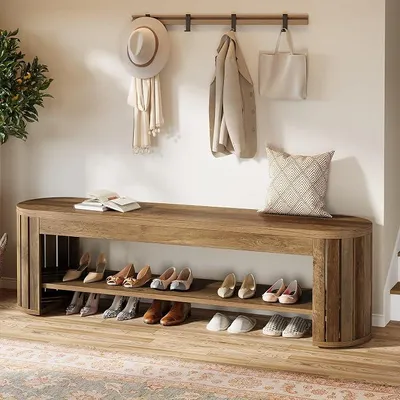 Imagen del producto de Banco para zapatos de 160 cm, banco con espacio para zapatos ideal para pasillos y zonas de entrada, banco para vestíbulo con aspecto de madera, banco largo con patas de listones, banco para pasillo de 2 niveles, color marrón