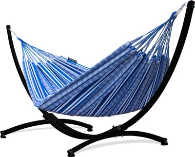 Produktbild von Potenza Outdoor Hängematte mit Gestell für 2 Personen I Pereira - 100% Baumwolle Doppelhängematte 220x140 cm, 160kg I Schwarz Hängemattengestell 220kg, wetterfest
