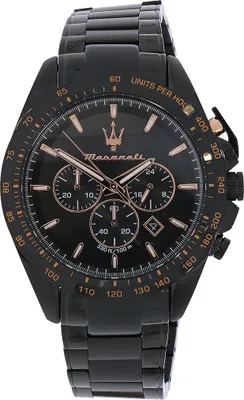A close-up, front-facing studio shot of a black Maserati chronograph watch with rose gold accents.