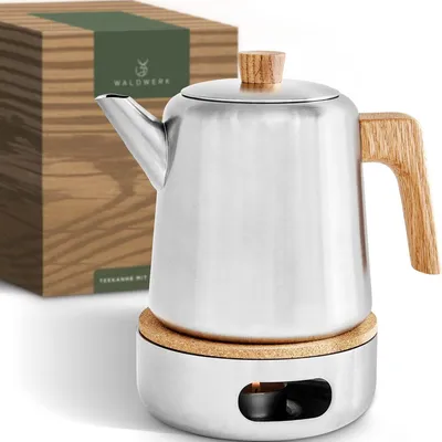 Immagine prodotto di Teiera WALDWERK con scaldatazze (1,1 litri) - Teiera con inserto in acciaio inox 304 - Teiera in acciaio inox con manici in quercia