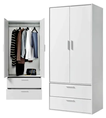 Produktbild von Kleiderschrank mit 2 Schubladen (80x180x51 cm) aus Holz in Weiß für Schlafzimmer oder Ankleidezimmer