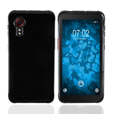 A black phone case is shown from the back and front, with the phone screen displaying the time and date.