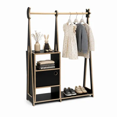 Produktbild von Kinder Kleiderständer mit Kleiderstange und Stauraum, Montessori Kindergarderobe, Schwarz - leg&go, KI-generiertes Bild