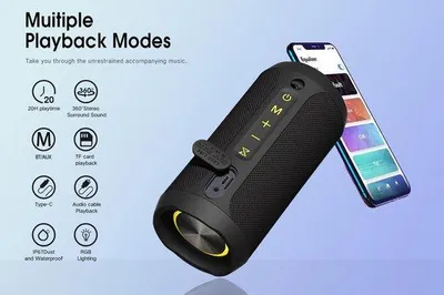 Obrázek produktu pro Přenosný Bluetooth reproduktor – Bezdrátový, vodotěsný reproduktor (IPX7) – Stereo připojení TWS – Dlouhá výdrž baterie – Ideální pro domácí použití i na cesty