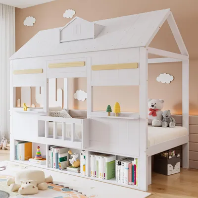 Produktbild von STILVORA Hochbett 90x200 cm im Hausdesign mit stabilem Lattenrost und Bücherregal, Kinderbett mit Stauraum, Einzelbett in Weiß