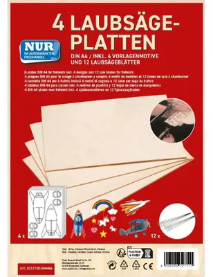 Produktbild von Peter Bausch 4 Laubsägesperrholzplatten DIN A 4,inkl. 4 Vorlagenmotive und 12 Laubsägeblätter 327/130-5VEDES