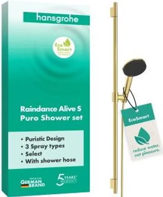 Imagen del producto de Juego de ducha hansgrohe Raindance Alive Select S, 125, 3jet, EcoSmart, con barra de ducha Unica S Puro de 90 cm, acabado dorado pulido