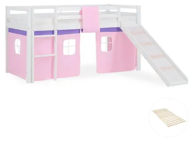 Image de Lits superposé 90x200 cm avec Toboggan Sommier à lattes Lit mezzanine en Bois Pin Massif Rideau Rose