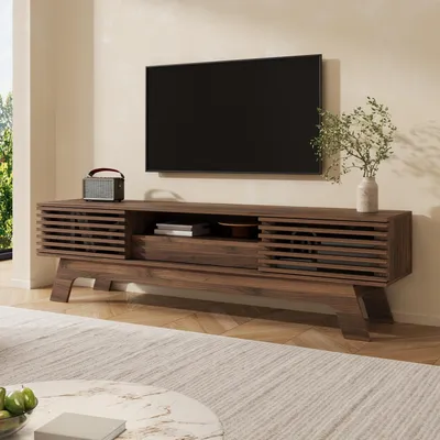 Produktbild von okwish TV-Lowboard mit Lamellentüren,TV-Schrank mit Schublade und Kabeldurchlass, moderner Fernsehschrank, Nussbaum