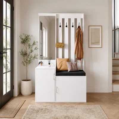 Produktbild von INONEFT Flurgarderobe mit Spiegel, Garderobenschrank flur mit Haken und Abnehmbares Sitzkissen, Garderobenset mit Schuhschrank, Weiß, 100x40x180 cm, KI-generiertes Bild