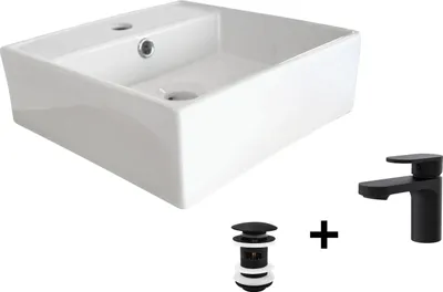 Produktbild von NINO quadratisches Aufsatzwaschbecken + Wasserhahn + Abfluss