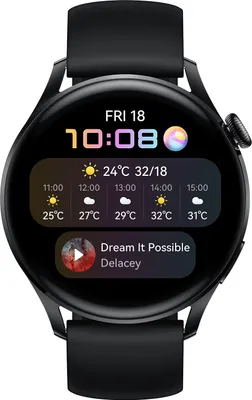 A black smartwatch displaying the time, date, weather forecast, and music playback information.