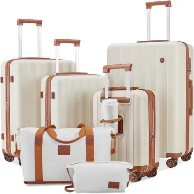 Produktbild von Hartschalenkoffer-Set 6-teilig mit 4 Rädern und TSA-Schloss Weiß Braun